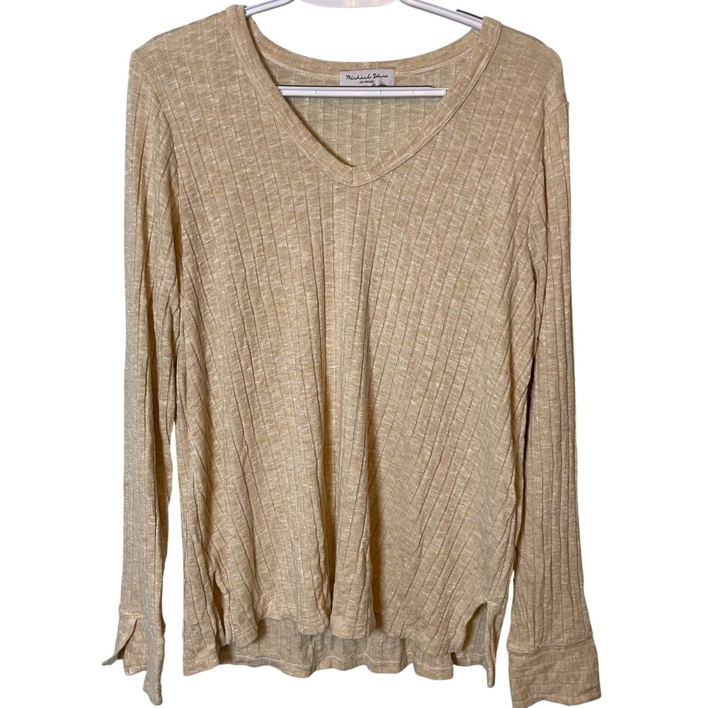 Michael Stars Womens XL Ribbed V-Neck Long Sleeve Tunic Top Beige Casual Basic